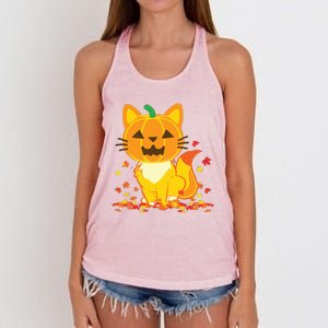 Cute Cat Face Jack O Lantern Pumpkin Halloween Autumn Fall Women's Knotted Racerback Tank