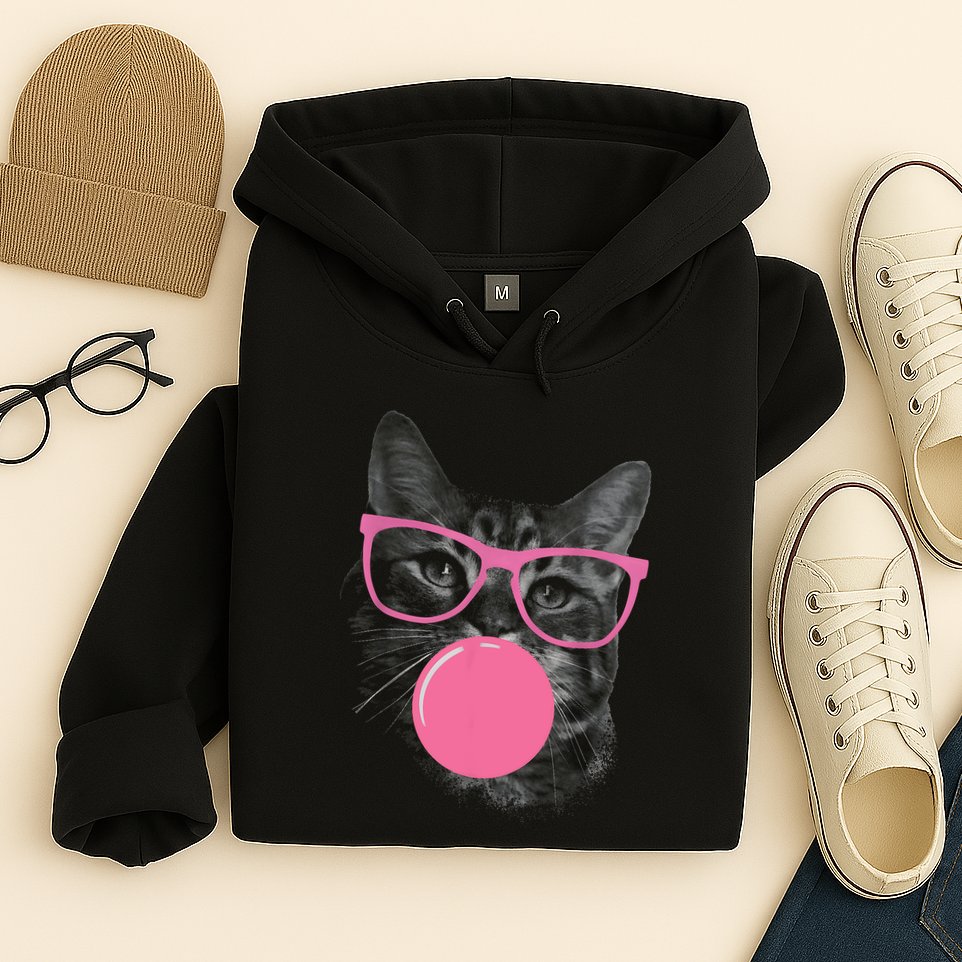 Cute Cat Face Eating Gum And Makes A Bubble Funny Cat Hoodie