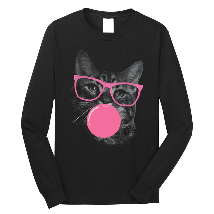 Cute Cat Face Eating Gum And Makes A Bubble Funny Cat Long Sleeve Shirt