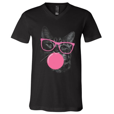Cute Cat Face Eating Gum And Makes A Bubble Funny Cat V-Neck T-Shirt
