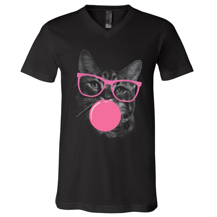 Cute Cat Face Eating Gum And Makes A Bubble Funny Cat V-Neck T-Shirt
