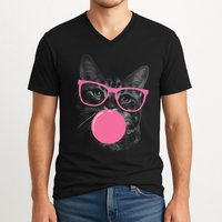 Cute Cat Face Eating Gum And Makes A Bubble Funny Cat V-Neck T-Shirt
