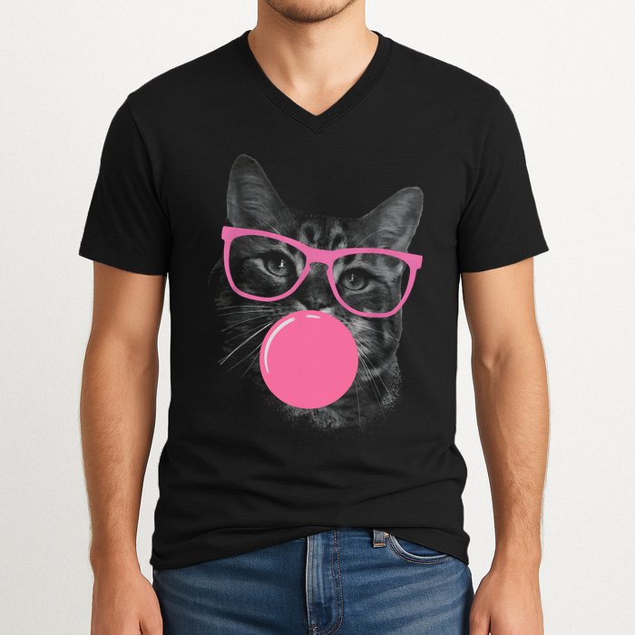 Cute Cat Face Eating Gum And Makes A Bubble Funny Cat V-Neck T-Shirt