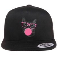 Cute Cat Face Eating Gum And Makes A Bubble Funny Cat Flat Bill Trucker Hat