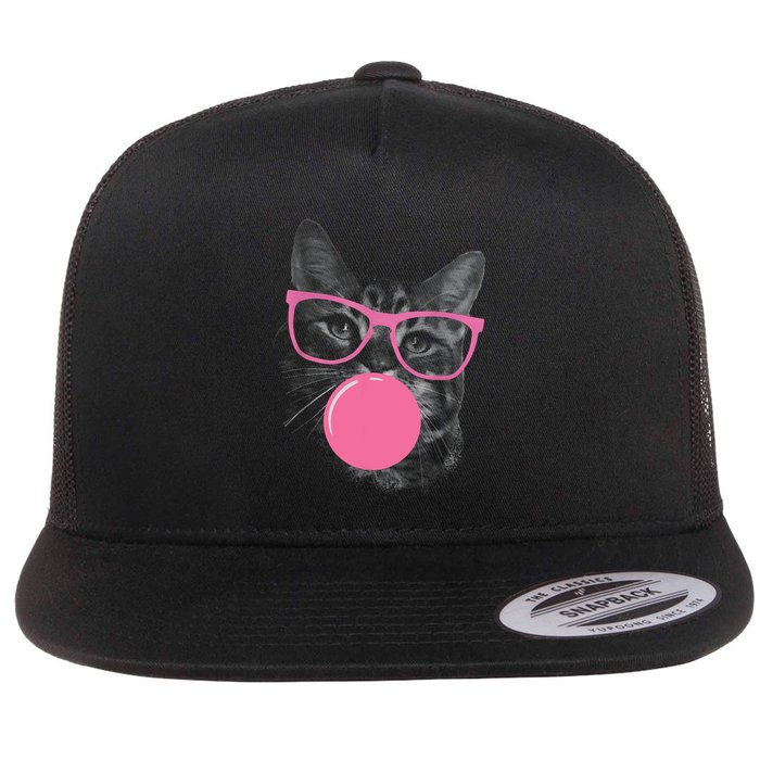 Cute Cat Face Eating Gum And Makes A Bubble Funny Cat Flat Bill Trucker Hat