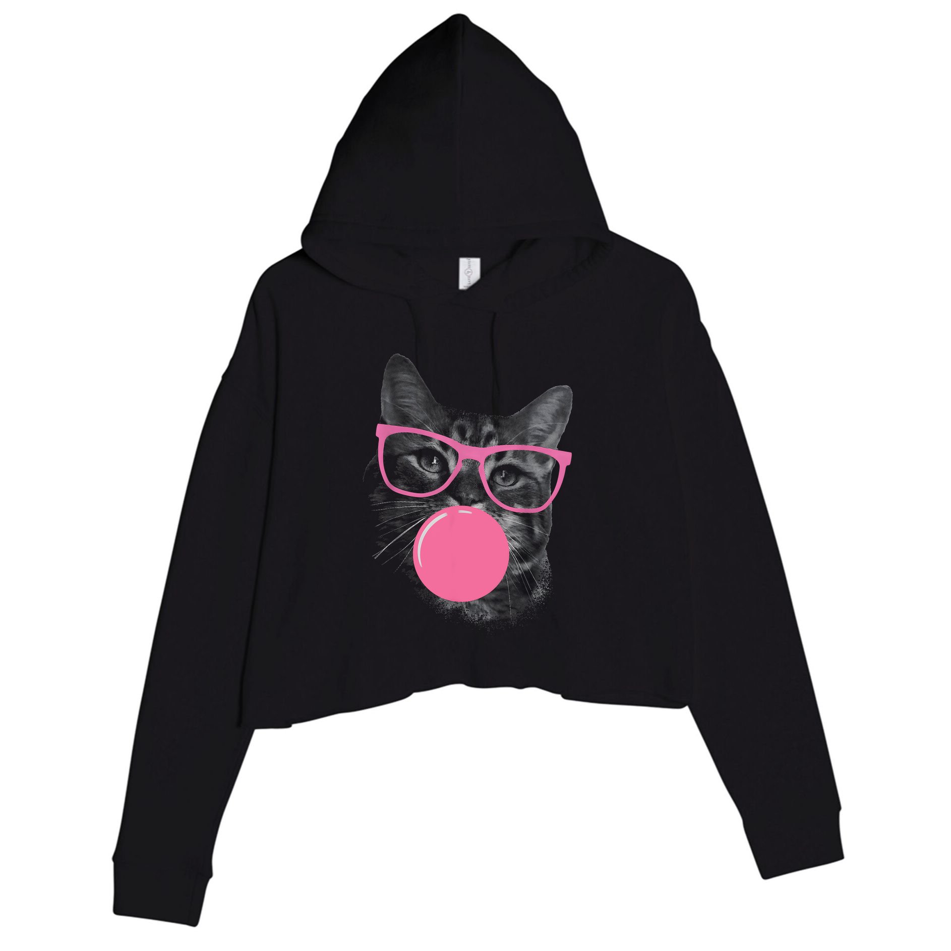 Cute Cat Face Eating Gum And Makes A Bubble Funny Cat Crop Fleece Hoodie