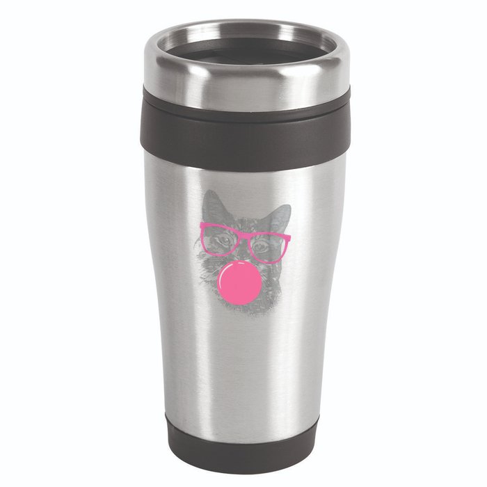 Cute Cat Face Eating Gum And Makes A Bubble Funny Cat 16oz Travel Tumbler