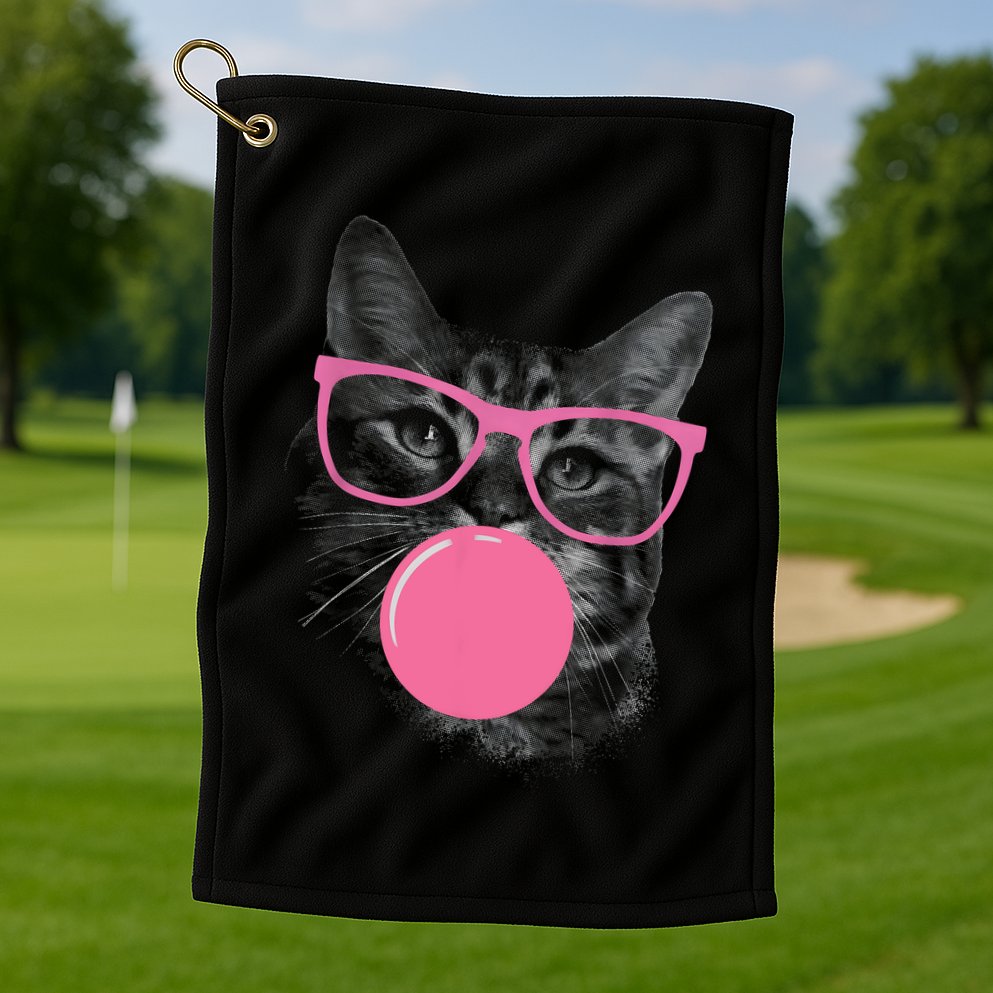 Cute Cat Face Eating Gum And Makes A Bubble Funny Cat Golf Towel