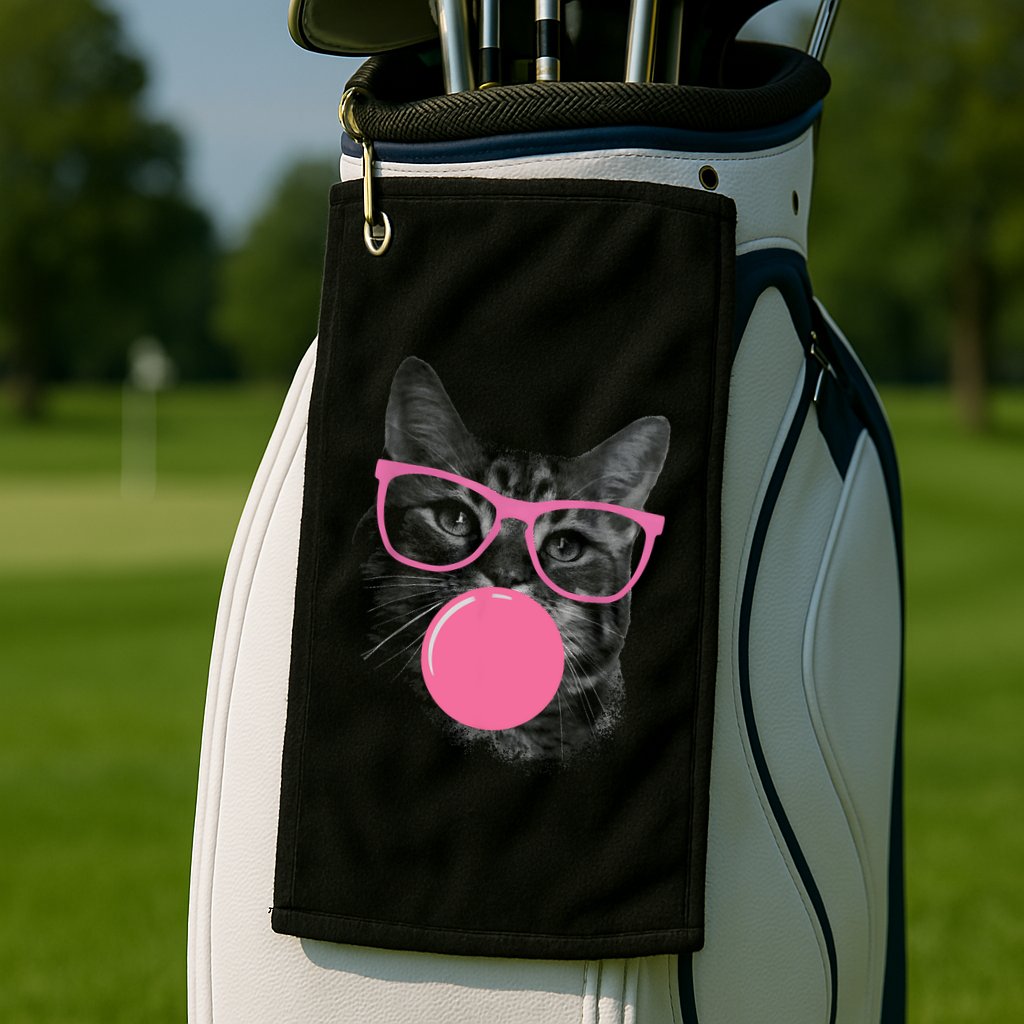 Cute Cat Face Eating Gum And Makes A Bubble Funny Cat Golf Towel