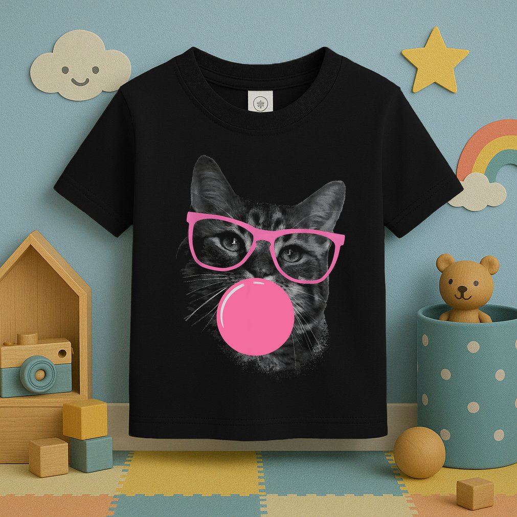 Cute Cat Face Eating Gum And Makes A Bubble Funny Cat Toddler T-Shirt
