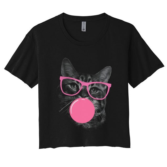 Cute Cat Face Eating Gum And Makes A Bubble Funny Cat Crop Top