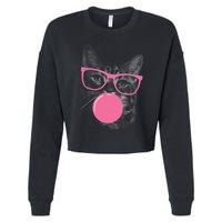 Cute Cat Face Eating Gum And Makes A Bubble Funny Cat Cropped Pullover Crew