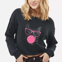 Cute Cat Face Eating Gum And Makes A Bubble Funny Cat Cropped Pullover Crew