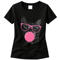 Cute Cat Face Eating Gum And Makes A Bubble Funny Cat Womens T-Shirt