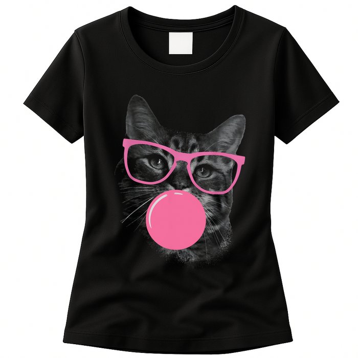 Cute Cat Face Eating Gum And Makes A Bubble Funny Cat Womens T-Shirt