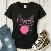 Cute Cat Face Eating Gum And Makes A Bubble Funny Cat Womens T-Shirt