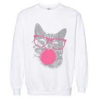 Cute Cat Face Eating Gum And Makes A Bubble Funny Cat Garment-Dyed Sweatshirt
