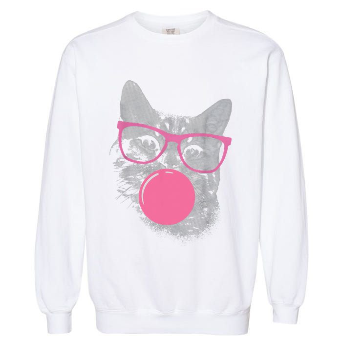 Cute Cat Face Eating Gum And Makes A Bubble Funny Cat Garment-Dyed Sweatshirt