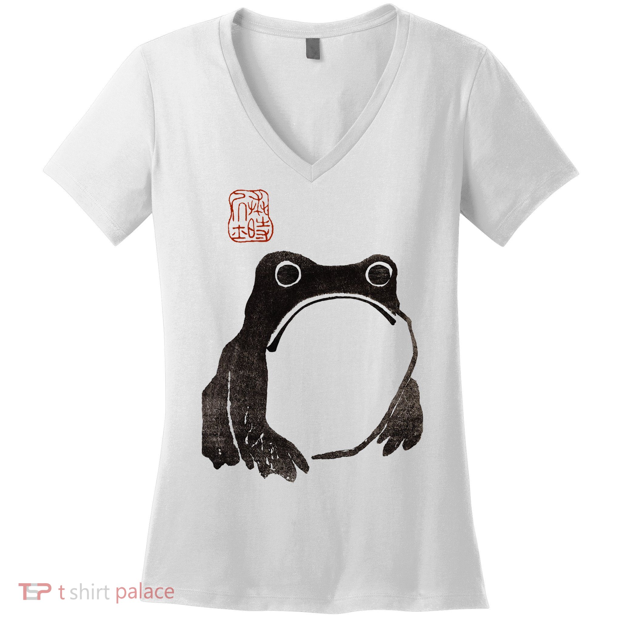 Cute Cottagecore Frog Grumpy Japanese Frog Women's V-Neck T-Shirt