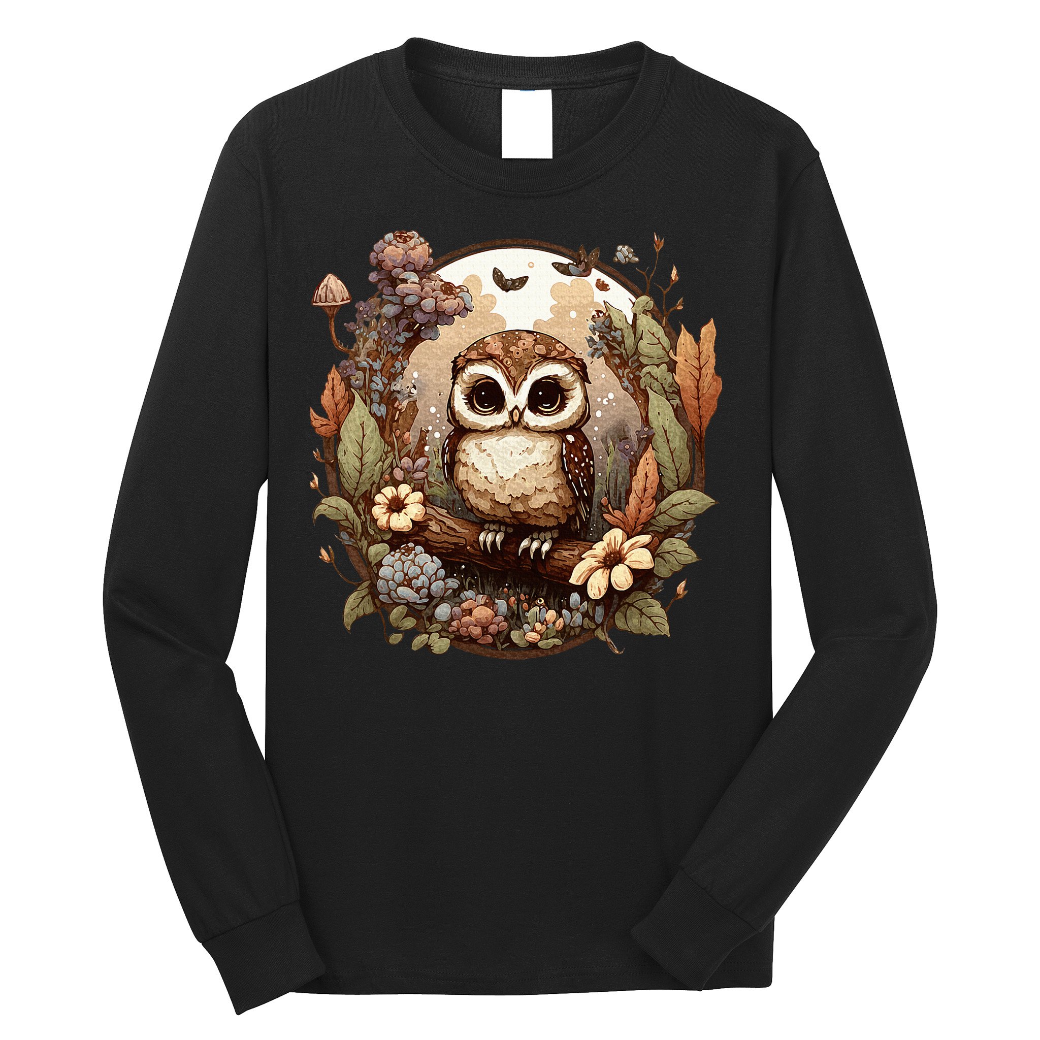 Cute Cottagecore Floral Owl Aesthetic Graphic Long Sleeve Shirt