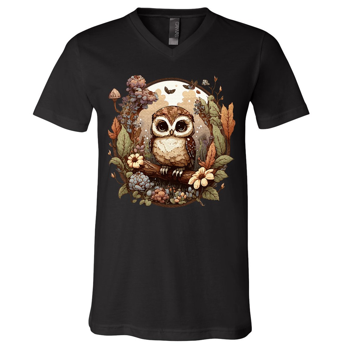 Cute Cottagecore Floral Owl Aesthetic Graphic V-Neck T-Shirt
