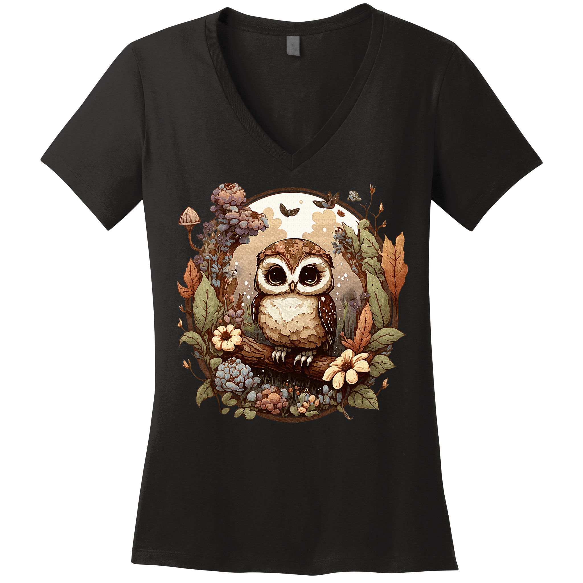 Cute Cottagecore Floral Owl Aesthetic Graphic Women's V-Neck T-Shirt
