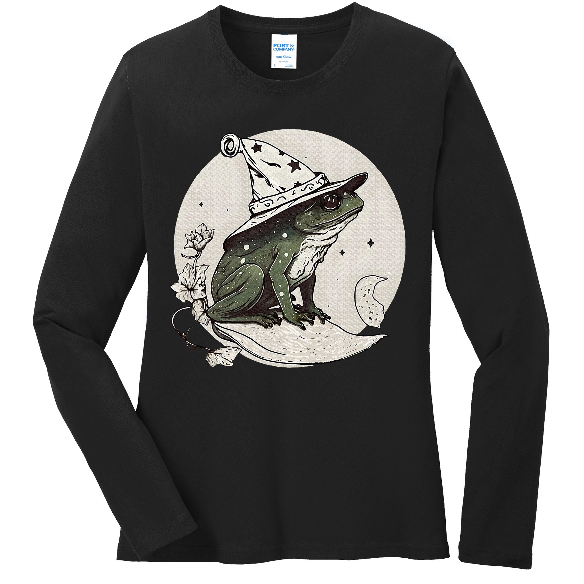 Cute Cottagecore Frog Wizard Hat Aesthetic Dark Moon Ladies Long Sleeve Shirt