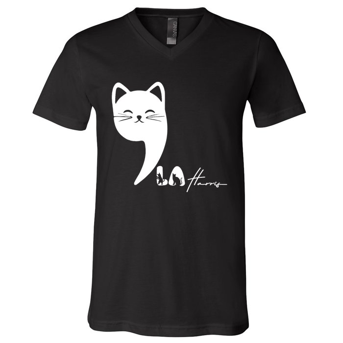 Cute Commala Funny Cat Comma La V-Neck T-Shirt