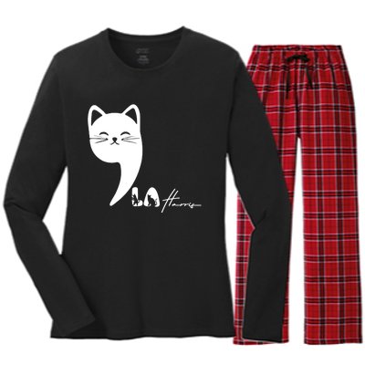 Cute Commala Funny Cat Comma La Women's Long Sleeve Flannel Pajama Set 