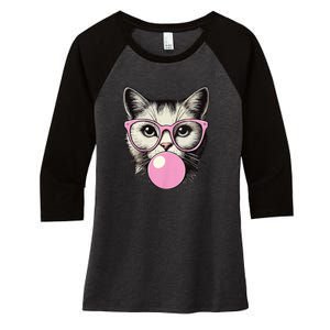 Cute Cat For Women Funny Cat Lovers Cute Cat Face Eating Gum And Makes A Bubble Women's Tri-Blend 3/4-Sleeve Raglan Shirt