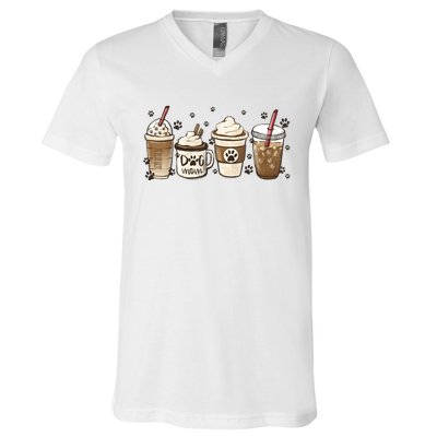 Coffee Cups Funny Dog Mom Cute Dog Paw Coffee Dog Lover V-Neck T-Shirt