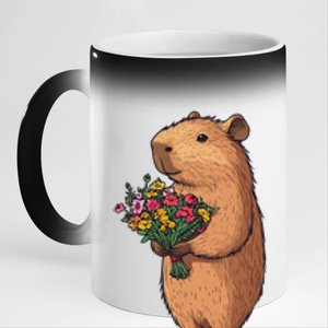 Cute Capybara Flower Bouquet 11oz Black Color Changing Mug