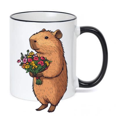 Cute Capybara Flower Bouquet 11oz Black Color Changing Mug