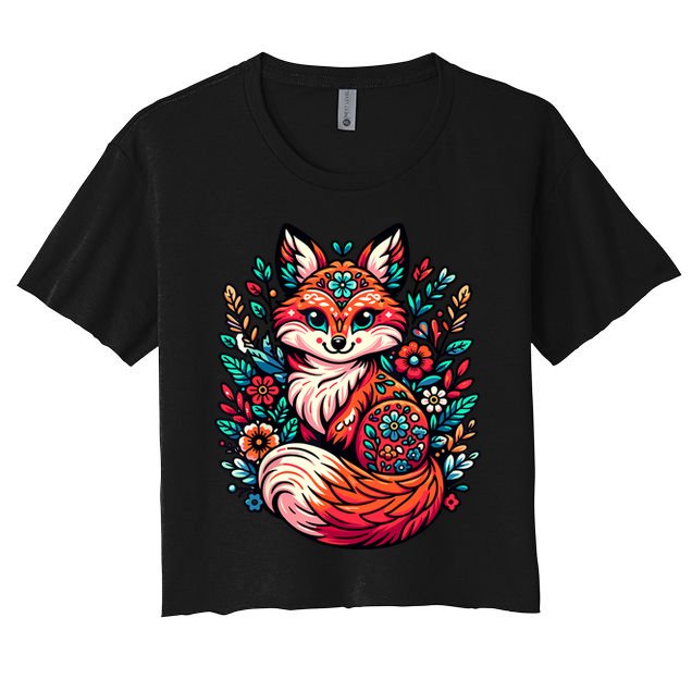 Cute Cottagecore Floral Fox Aesthetic Girl Wo Graphic Crop Top