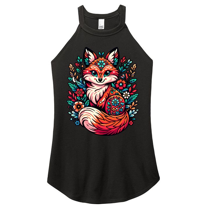 Cute Cottagecore Floral Fox Aesthetic Girl Wo Graphic Women's Perfect Tri Rocker Tank