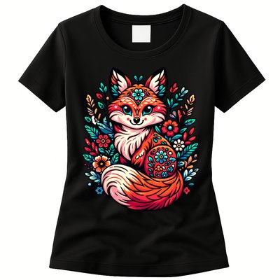 Cute Cottagecore Floral Fox Aesthetic Girl Wo Graphic Womens T-Shirt