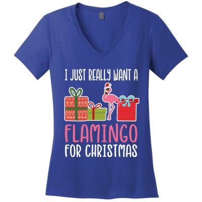 Cute Christmas Flamingo I Want A Flamingo Cool Gift Women's V-Neck T-Shirt