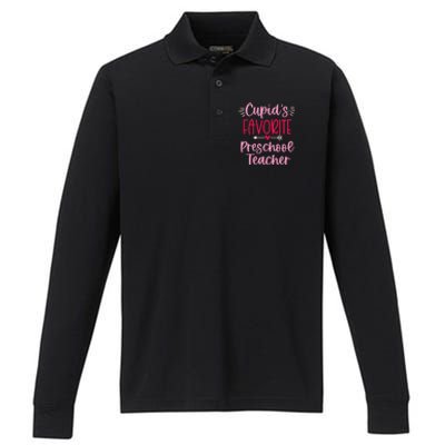 Cute Cupid's Favorite Preschool Teacher Valentine's Day Gift Performance Long Sleeve Polo