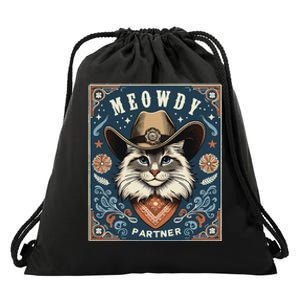 Cat Cowboy Funny Mashup Meowdy Partner Poster Western Drawstring Bag