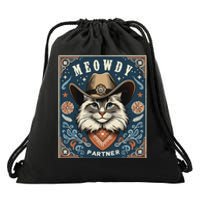 Cat Cowboy Funny Mashup Meowdy Partner Poster Western Drawstring Bag