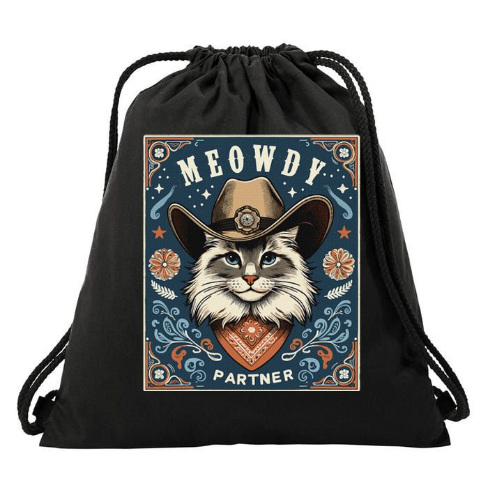 Cat Cowboy Funny Mashup Meowdy Partner Poster Western Drawstring Bag