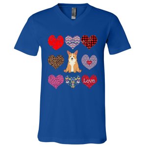 Cute Corgi Funny Dog Mom Hearts Pattern Valentines Day Gift V-Neck T-Shirt