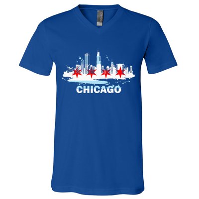 Chicago City Flag Downtown Skyline Chicago Skyline V-Neck T-Shirt