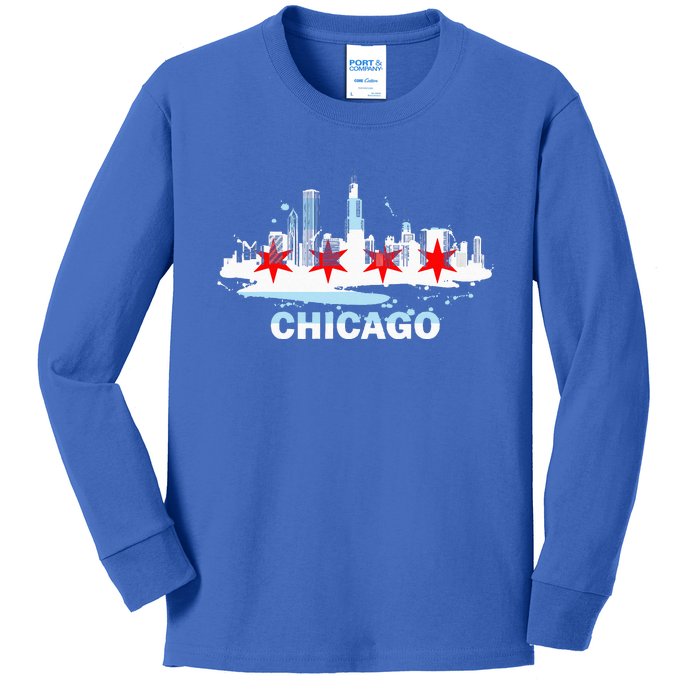 Chicago City Flag Downtown Skyline Chicago Skyline Kids Long Sleeve Shirt