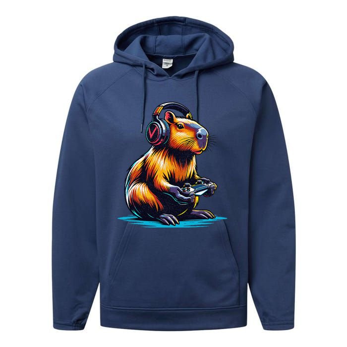 Capybara Cute Funny Capybara Rodent & Video Games Lover Performance Fleece Hoodie