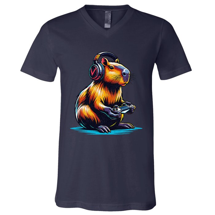 Capybara Cute Funny Capybara Rodent & Video Games Lover V-Neck T-Shirt