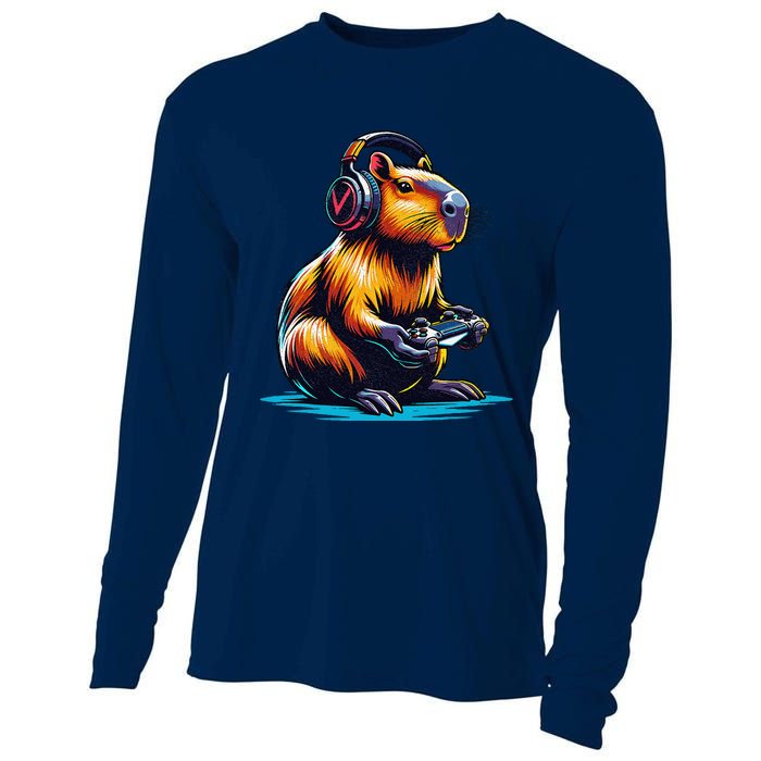 Capybara Cute Funny Capybara Rodent & Video Games Lover Cooling Performance Long Sleeve Crew