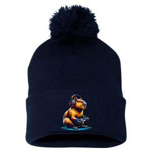 Capybara Cute Funny Capybara Rodent & Video Games Lover Pom Pom 12in Knit Beanie