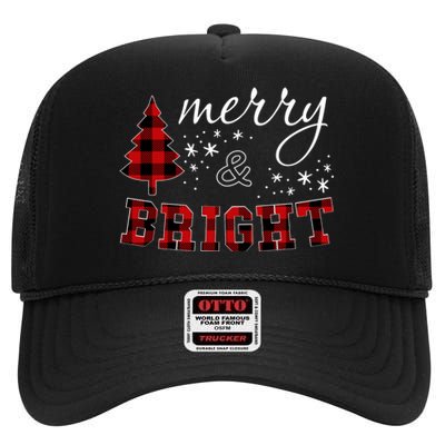 Christmas Cute For Red Plaid Merry And Bright Letter High Crown Mesh Back Trucker Hat