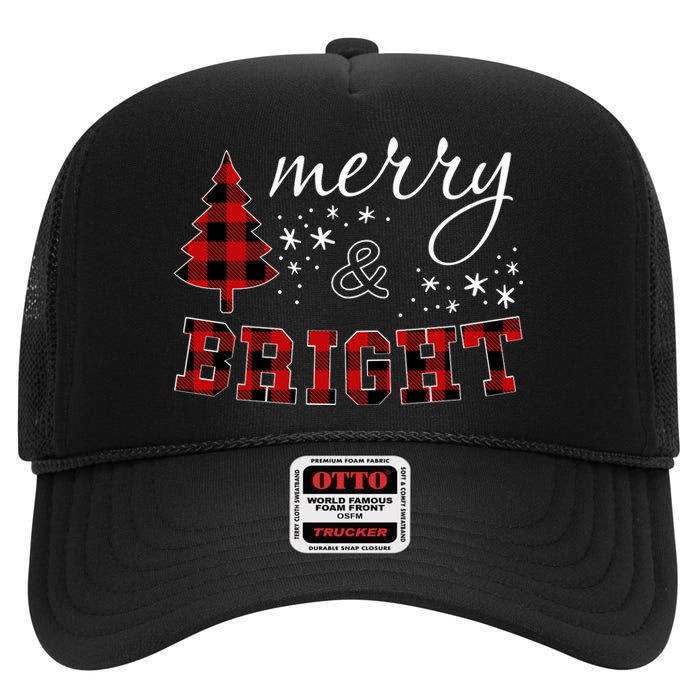 Christmas Cute For Red Plaid Merry And Bright Letter High Crown Mesh Back Trucker Hat